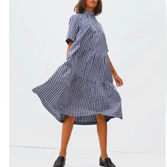Everlane tiered mock neck dress in ice blue plaid. - Picture 1 of 6